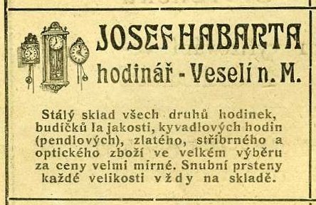 Hodinář Josef Habarta (*1885), inzerát z roku 1922